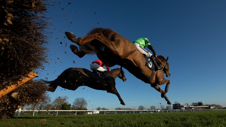 Kotmask (Jamie Moore,green) jumps the final flight to win the Chatteris Fen Juvenile Hurdle