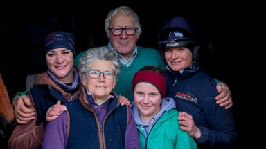 The Hamilton team: Ian and Ann with work-riders Steph Bowey (left) and Laura Fenwick (right) and neighbour Bridie Haywood