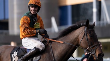 Hugh Nugent is all smiles after victory on Fortescue in the 3m Swinley ChaseAscot 19.2.22 Pic: Edward Whitaker