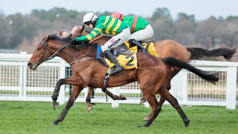 No2 Fakir D'Oudairies and Mark Walsh battle past Two For Gold to win the Betfair Ascot Chase