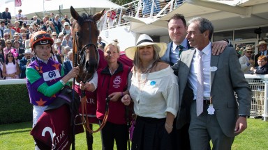 Lady Bowthorpe  William Jarvis (R) and connections after the Nassau Stakes Glorious Goodwood 29.7.21 Pic: Edward Whitaker