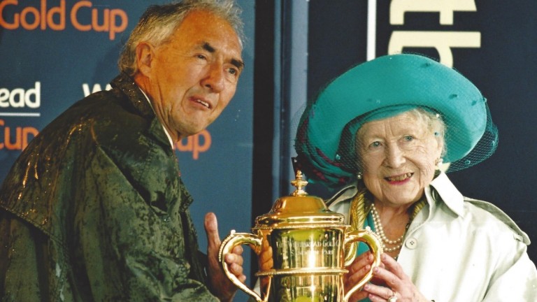 The Queen Mother presents Sir Robert Ogden with the Whibread Gold Cup at Sandown