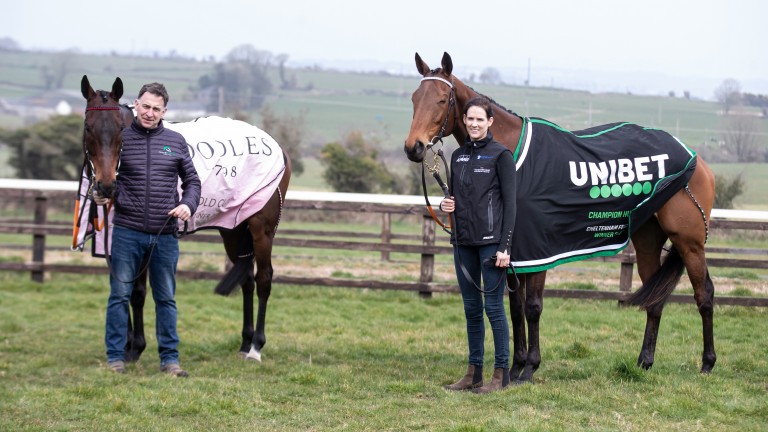 Honeysuckle (right) and Rachael Blackmore with A Plus Tard and Bromhead's Henry at home on Monday