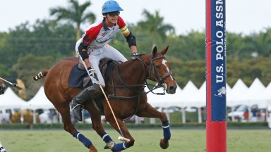 WEST PALM BEACH, FL - APRIL 28: Jack Richardson #3 of England scores a goal against the USA during the 2019 Westchester Cup on April 28, 2019 at the International Polo Club in West Palm Beach, Florida. USA defeated England 9-8 in overtime. The Westchester