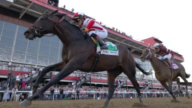 BALTIMORE, MARYLAND - MAY 21: Jockey Jose Ortiz #5 and Early Voting lead Epicenter and jockey Joel Rosario #8 to win the 147th Running of the Preakness Stakes at Pimlico Race Course on May 21, 2022 in Baltimore, Maryland. (Photo by Rob Carr/Getty Images)