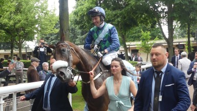 Sel Jem and Johnny Charron return after dominating their rivals in the Grand Steeple-Chase de Paris at Auteuil