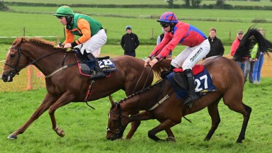 Ballingarry PTP 22-5-22 WOODFIELD SYMPHONY and Barry Stone (greeen cap) win the 7YO & Upwards Maiden Race as VILLAGE ARMS and Tiernan Power Roche (red sleeves) part company. Both were OK after their fall(Healy Racing)