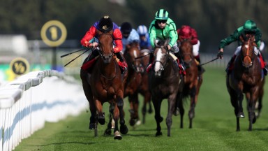 ESHER, UNITED KINGDOM - SEPTEMBER 16: Just Fine ridden by Ryan Moore on their way to winning the British Stallion Studs EBF Novice Stakes at Sandown Racecourse on September 16, 2020 in Esher, United Kingdom. (Pool by David Davies - Pool/Getty Images)