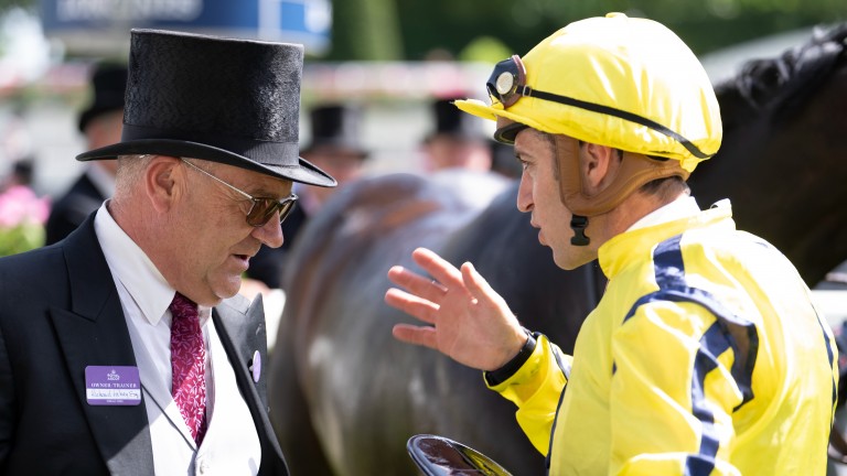 Richard Fahey and Christophe Soumillon in conversation after the Commonwealth Cup success of Perfect Power