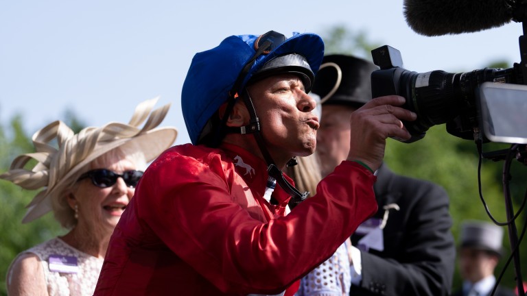 Frankie Dettori celebrates after getting off the mark at Royal Ascot 2022 in  the Coronation Stakes
