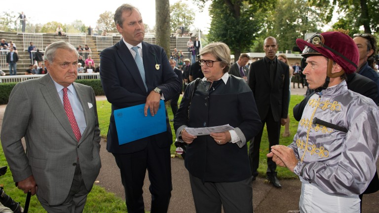 Alec Head, Harry Herbert, Criquette Head and Thierry Jarnet before the Vermeille in 2014