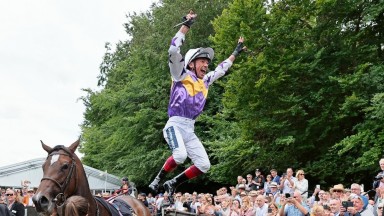 Frankie Dettori leaps from Lezoo after winning at Newmarket last week