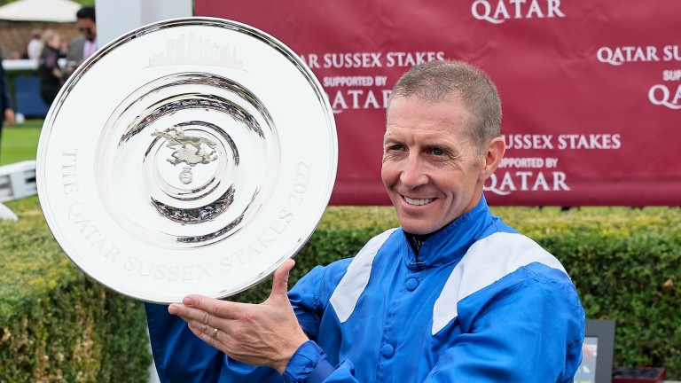 Jim Crowley celebrates after Baaeed's easy Sussex Stakes win