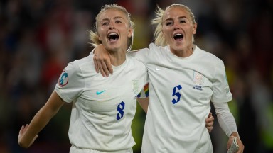 Leah Williamson (left) and Alex Greenwood (right) celebrate after England's semi-final win against Sweden at Women's Euro 2022