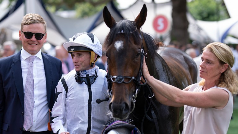 RRyan Moore and George Boughey with Oscula after winning the Prix de Lieurey at Deauville