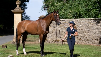 Tokyo Olympic gold medallist Laura Collett with London 52, the horse she rode to win the equestrian team gold and the Badminton horse trials. Penhill Farm, Gloucestershire 9.8.22Pic: Edward Whitaker