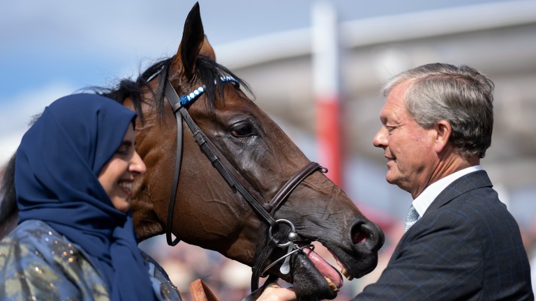 William Haggas (pictured with owner Sheikha Hissa) will not run Baaeed in the Arc if the ground is too soft