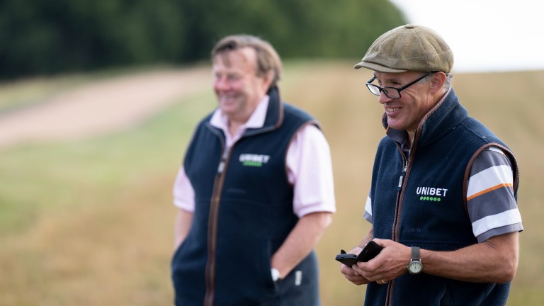 Charlie Morlock, assistant trainer to Nicky Henderson with his boss at Seven BarrowsLambourn 23.8.22 Pic: Edward Whitaker