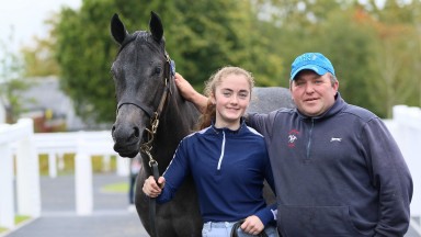 22 September 2022;  Hannah Hogan and Paddy McCarthy with lot 527: the Dark Angel ex Portmanteau filly from Ringfort Stud after she had fetched 52,000 euro when selling to Joe Foley at The September Yearling Sales at Tattersalls Ireland.
© Peter Mooney, 59