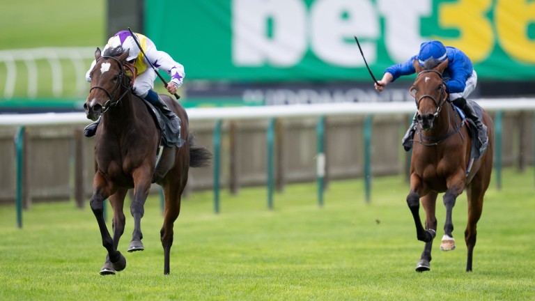 Lezoo (left) wins the Cheveley Park Stakes under William Buick