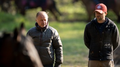 Freddy Head in the forest by the Les Aigles gallops with his 30 year old son and fellow trainer Christophe HeadChantilly 11.4.19 Pic: Edward Whitaker