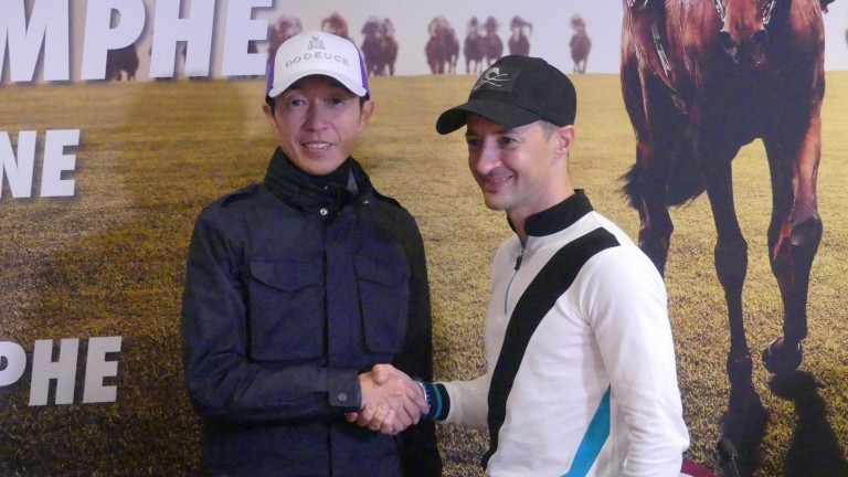 Yutaka Take (left) and Christophe Lemaire at a press conference in Chantilly ahead of the Qatar Prix de l'Arc de Triomphe