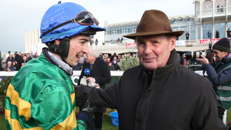 Mark McDonagh is congratulated by JP McManus' racing manager Frank Berry after Birchdale's win at the Dublin Racing Festival