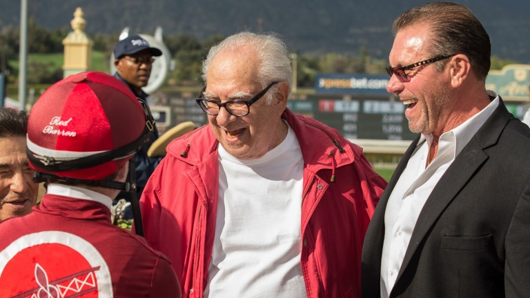 Jed Cohen (center) pictured with trainer Jeff Mullins and jockey Tyler Baze after Itsinthepost's Grade 2 win at Santa Anita in 2018