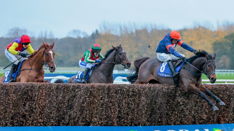 Le Milos and Harry Skelton take last in the Coral Gold Cup from stablemates Remastered (left) and Gericault Roque