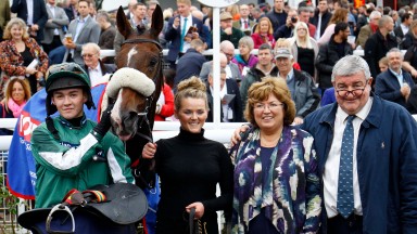 Janet Davies and her late husband Peter celebrate the Silver Trophy win of Court Minstrel (Mitch Bastyan) at Chepstow in 2017